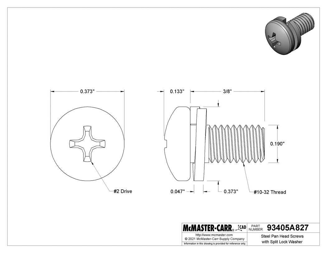 Technical Drawing of Steel Pan Head Screws with Split Lock Washer, 10-32 Thread Size, 3/8" Long.